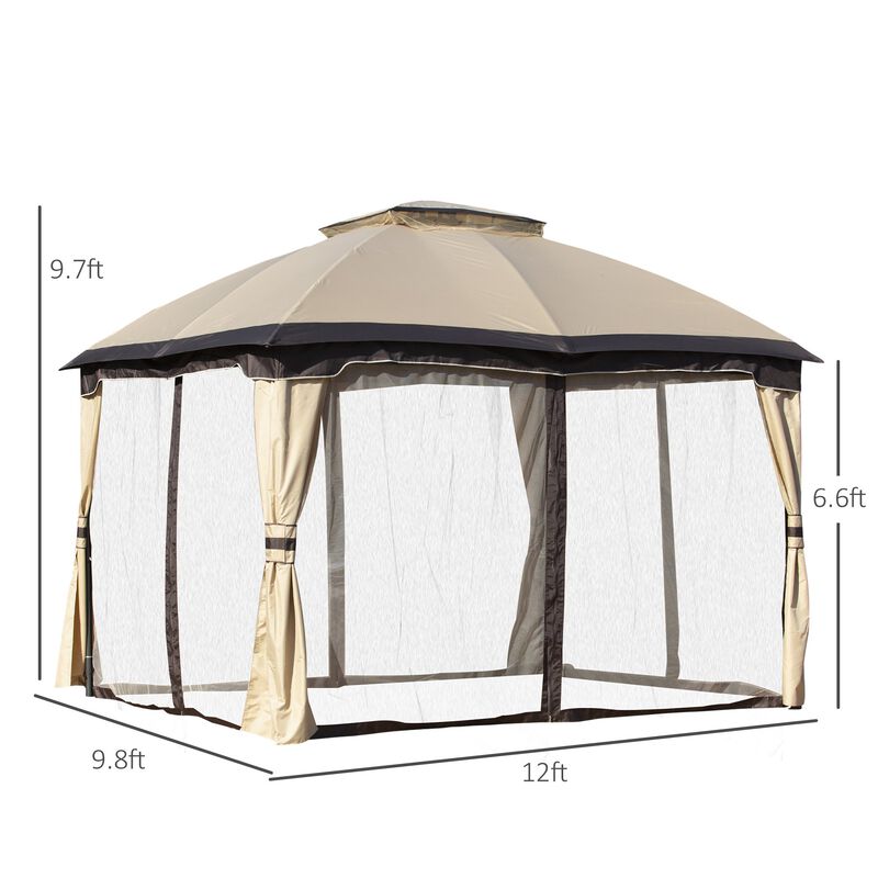 10' x 12' Outdoor Gazebo, Patio Gazebo Canopy Shelter w/ Double Vented Roof, Zippered Mesh Sidewalls, Solid Steel Frame, Beige