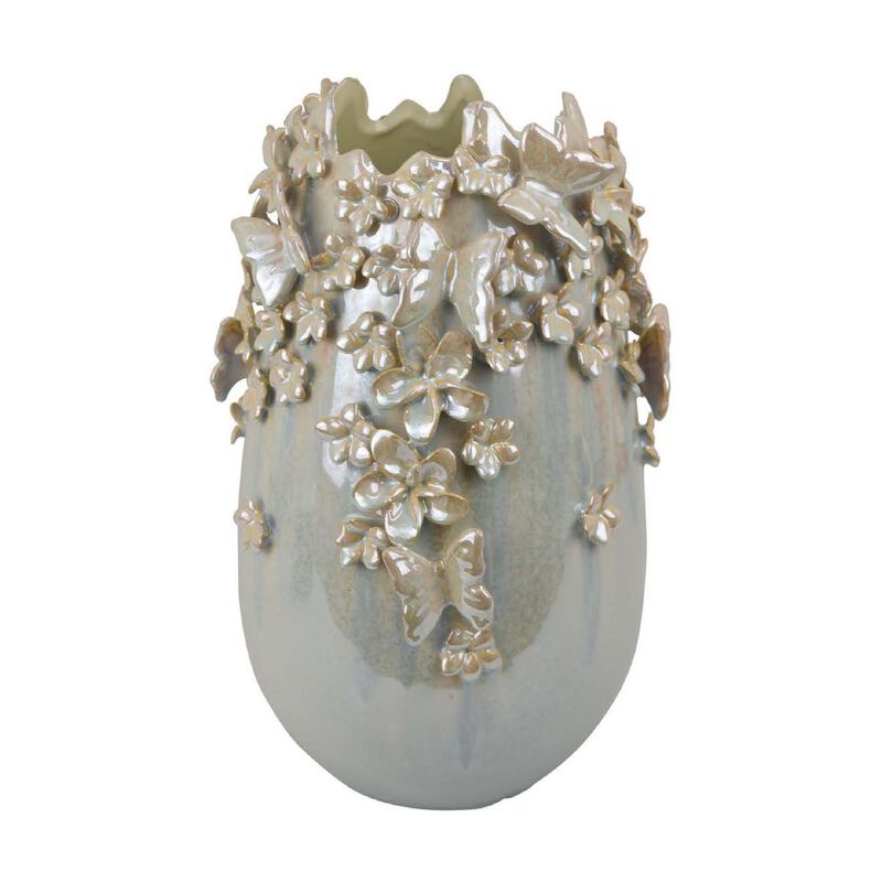 Accent Vase, Gray Silver Ceramic, Flowers and Butterflies, 14 Inch