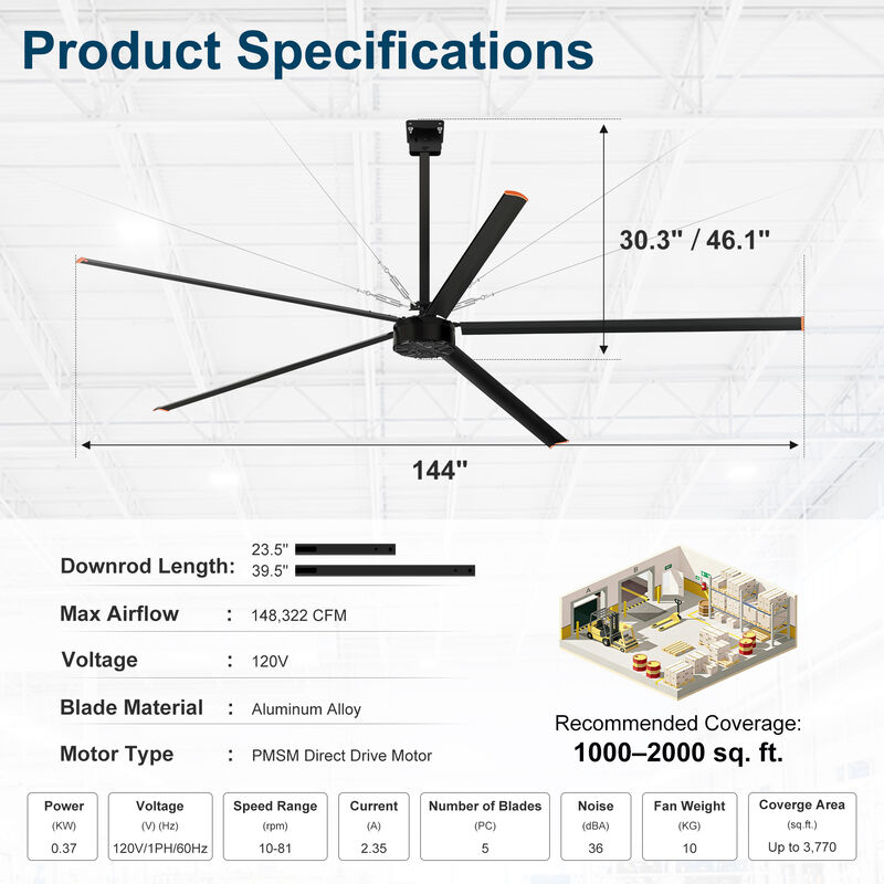 Breezary 144 Inch Large Industrial Ceiling Fan, 5 Aluminum Blades,Big Airflow Ceiling Fan 120V High Power image number 7