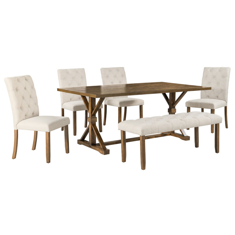 6-Piece Farmhouse Dining Table Set 72" Wood Rectangular Table, 4 Upholstered Chairs with Bench (Walnut)
