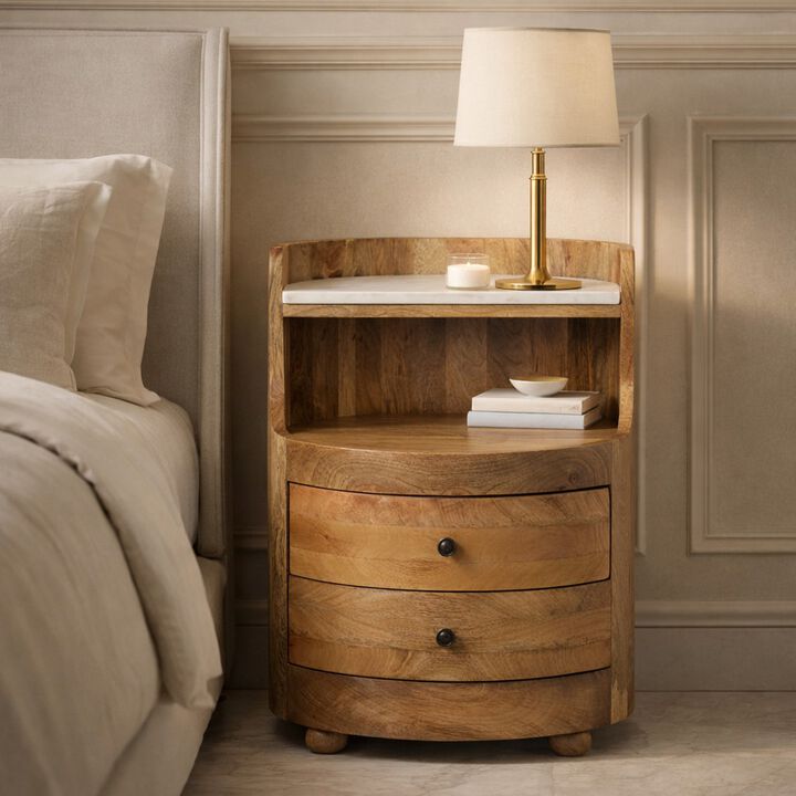 Artisan Furniture Solid Wood Curved Bedside with Marble Top, 2 Drawers and Shelves, Beige