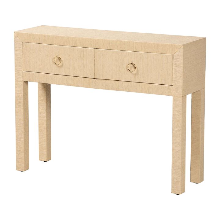 bali & pari Noah Grasscloth 2-Drawer Console Table - Woven Texture Entryway Table with Gold Ring Pulls, Narrow Hallway or Living Room Accent Table, Beige