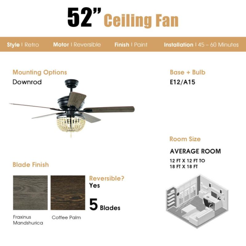 Hivvago Retro Ceiling Fan Light with Reversible Blades Remote Control