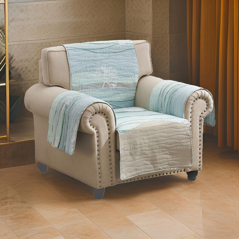 Niha 81 Inch Armchair Cover with Ocean Wave Print and Quilting, Multicolor