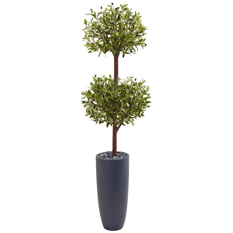 Hivvago 6 Feet Olive Double Tree in Gray Cylinder Planter