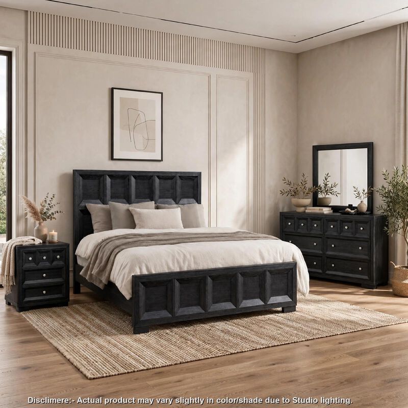 Kizie 4pc Queen Bedroom Set, Rustic Black, Dresser Mirror Nightstand image number 1