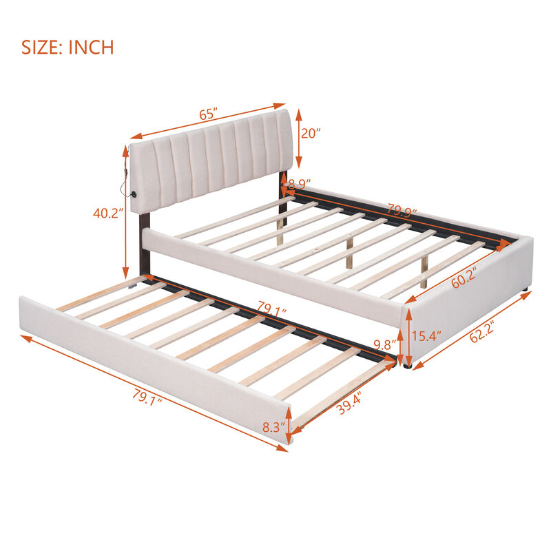 Merax Teddy Fleece Upholstered Platform Bed with Trundle