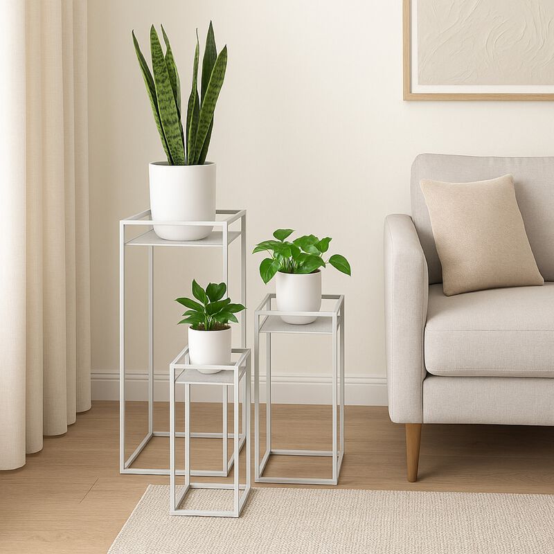 Sano Plant Stand Table Set of 3, Mesh Pattern, White Metal, Square - Benzara