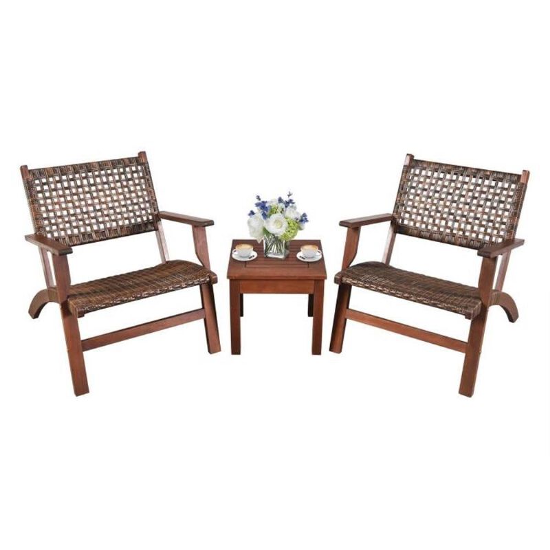 Hivvago 3 Piece Wooden Rattan Outdoor Patio Furniture Chair Table Bistro Set