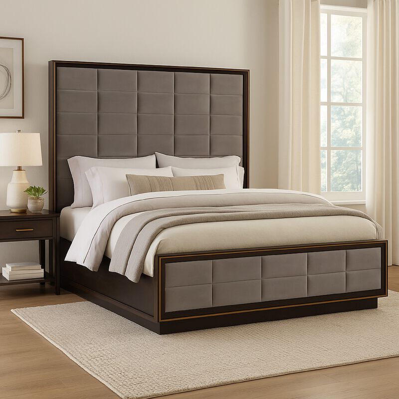Hena California King Bed, Grid Tufted Taupe Upholstered Tall Panel Headboard - Benzara