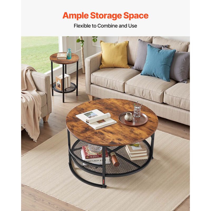 Industrial 3 Piece Coffee Table Set Round Center Table with 2 End Tables for Living Room-Brown image number 4