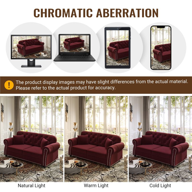 Whisen 2 Seat Velvet Upholstered Sofa with 2 Ottomans, Nailhead Trim, Mid-Century Modern, for Living Room image number 6