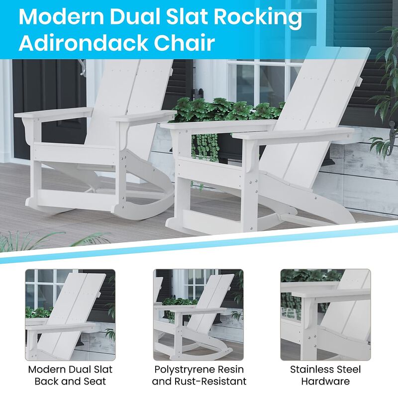 Flash Furniture Finn Modern Commercial Poly Resin Wood Adirondack Rocking Chair - All Weather White Polystyrene - Dual Slat Back - Stainless Steel Hardware - Set of 2