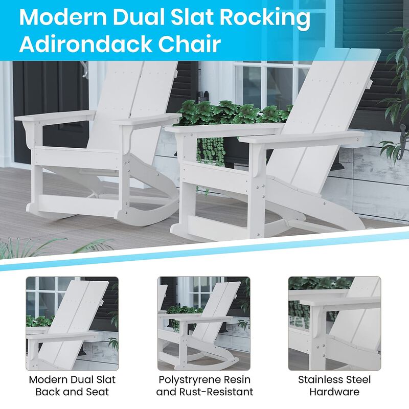 Flash Furniture Finn Modern Commercial Poly Resin Wood Adirondack Rocking Chair - All Weather White Polystyrene - Dual Slat Back - Stainless Steel Hardware - Set of 2 image number 3