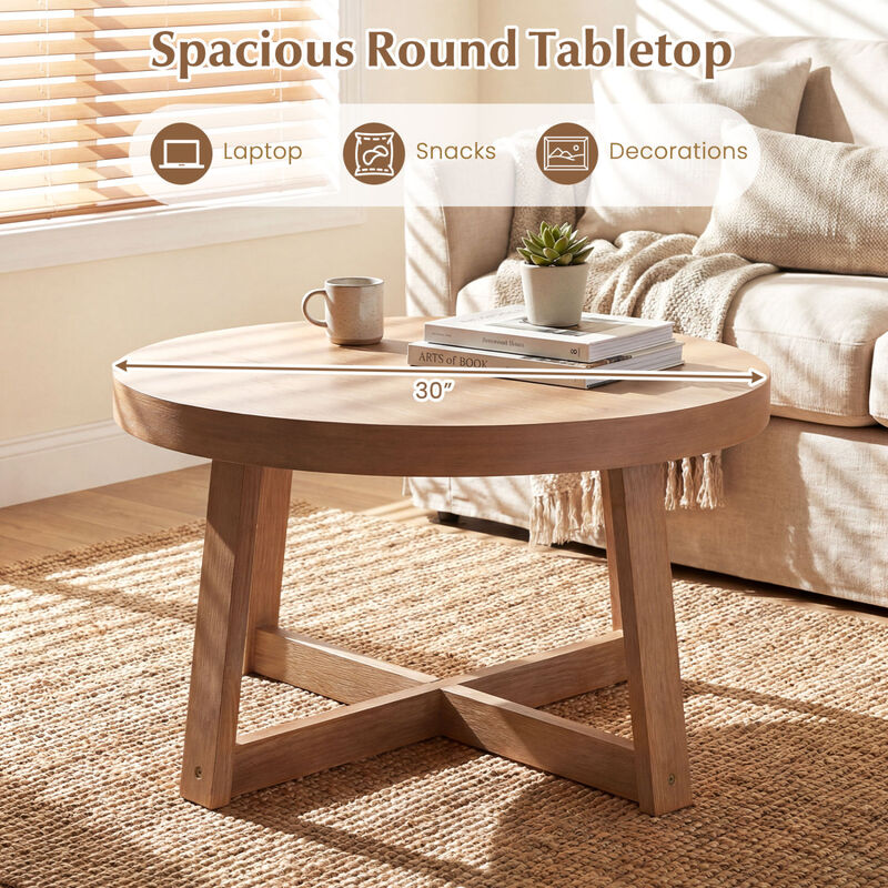 30" Natural Round Coffee Table with Sturdy Rubber Wood Legs, Farmhouse Style image number 5