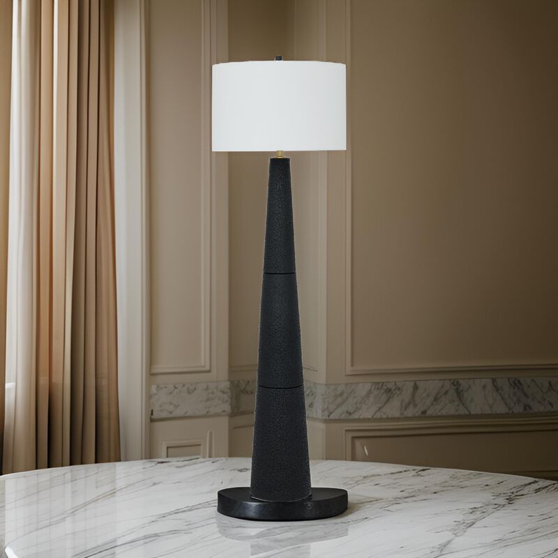 Boe 69 Inch Floor Lamp, White Drum Shade, Black Tapered Cone Resin Base - Benzara