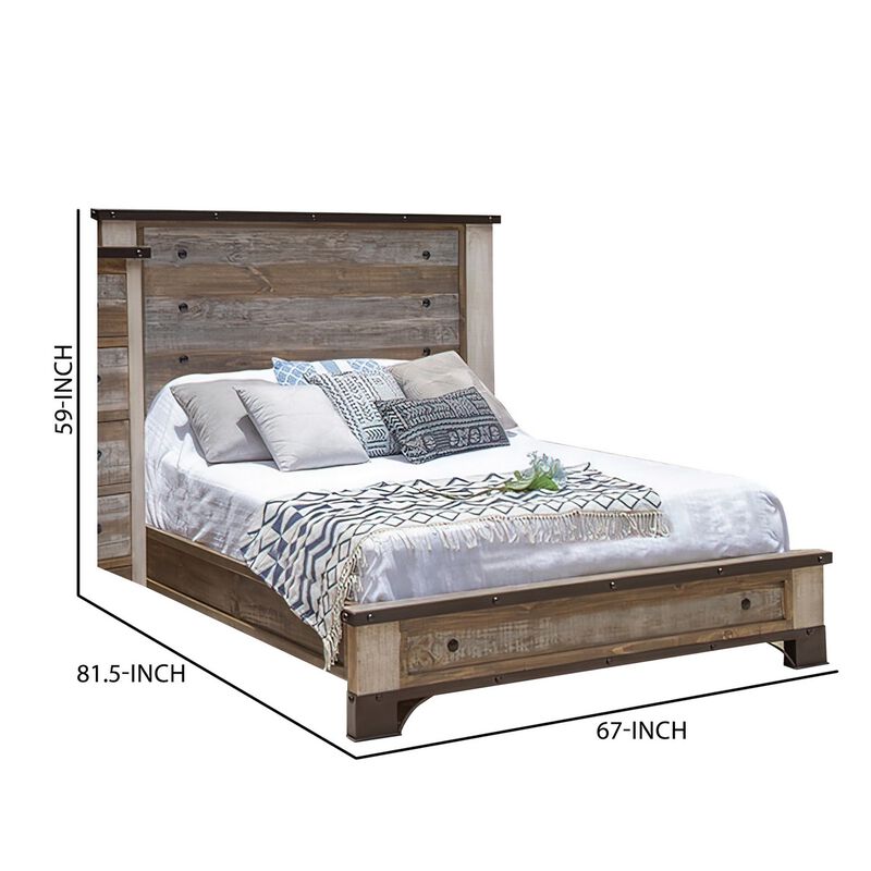 Fena Queen Size Bed, Round Black Nailheads, Distressed, Multicolor Brown