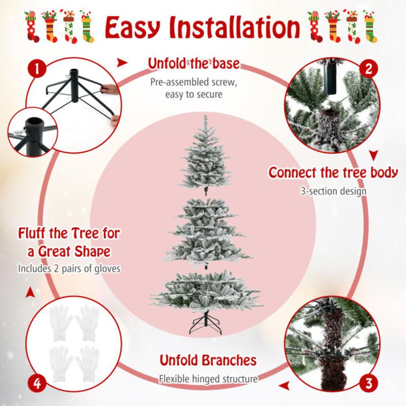 Hivvago Snow Flocked Artificial Christmas Tree with Cool White LED Lights