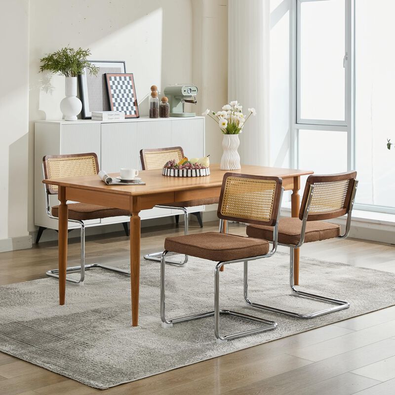 Whisen 2-Piece Mid Century Dining Chairs, Linen Upholstered with Cane Back & Chrome Base, Cantilever Design for Kitchen image number 4