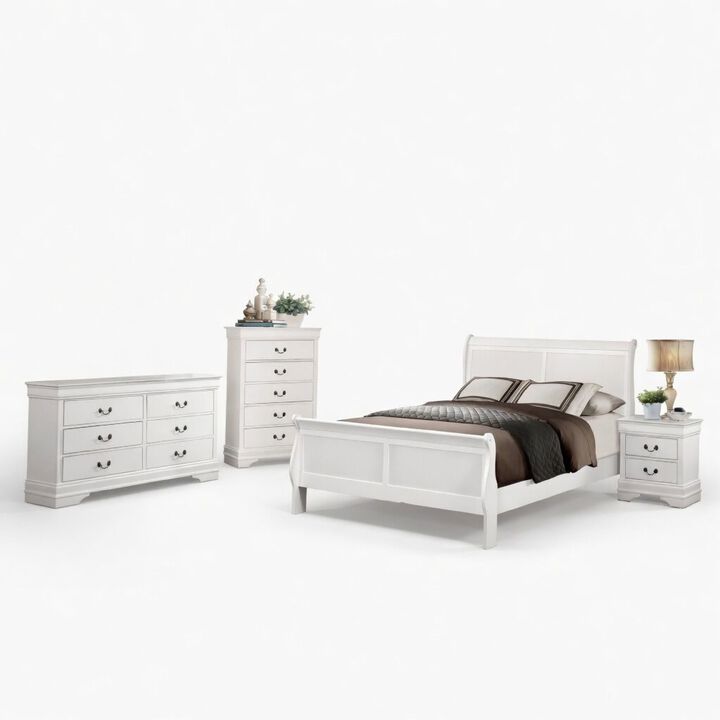 Full Size Bedroom Set, Traditional Carved Wood Design, White Finish, 4-Piece Set with Bed, Nightstands and Dresser