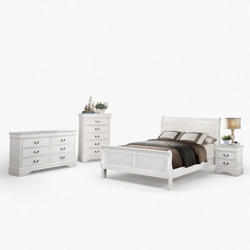 Full Size Bedroom Set, Traditional Carved Wood Design, White Finish, 4-Piece Set with Bed, Nightstands and Dresser image number 0