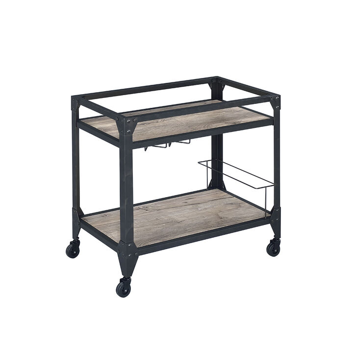 Metal Framed Serving Cart with Wooden Shelves with Wine Bottle Holder, Brown and Gray - Benzara