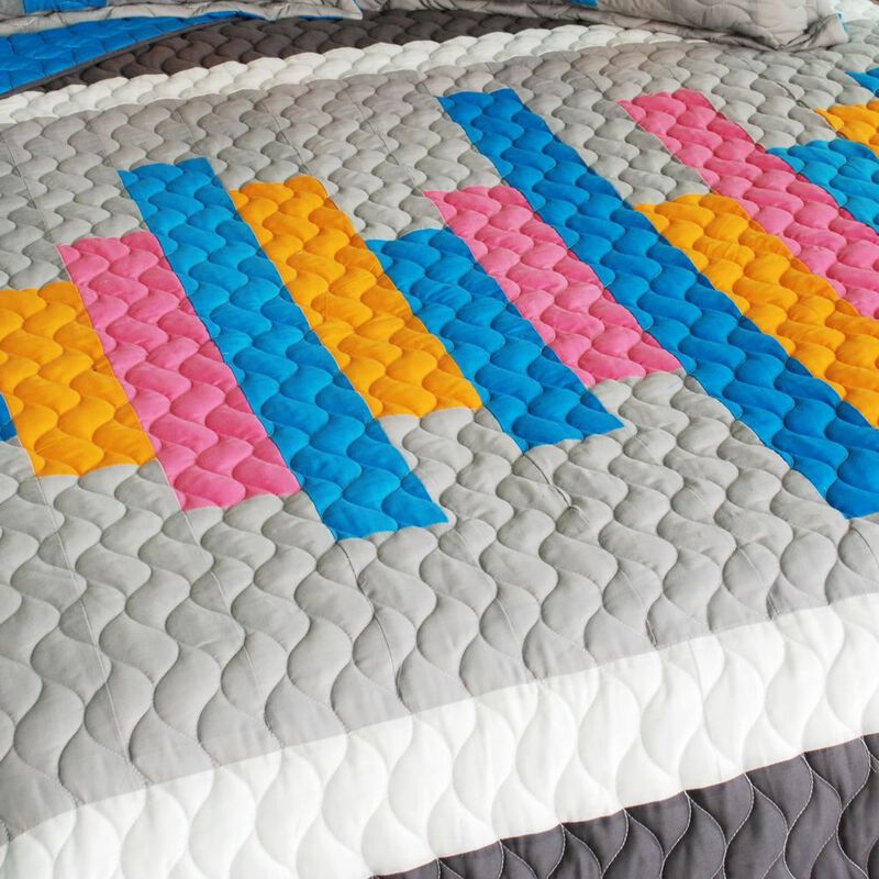 3 Piece Vermicelli Quilted Patchwork Quilt Set Creative Life Collection image number 3