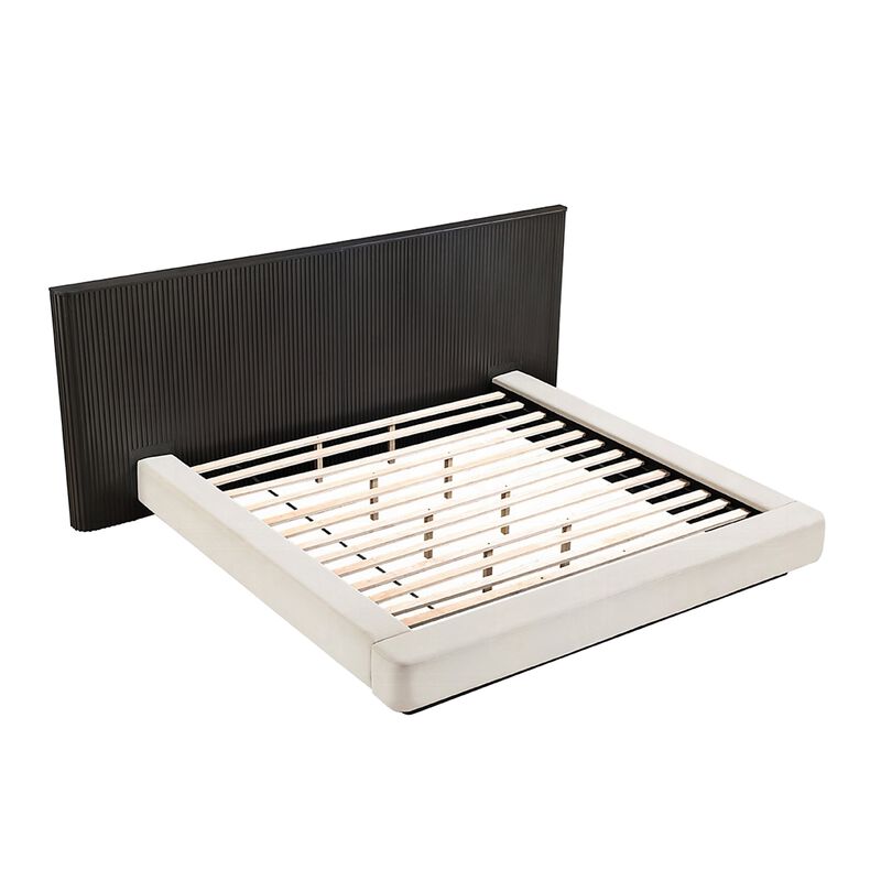 Jeh King Low Platform Bed, Fluted Headboard, Beige Linen, Espresso Brown image number 0