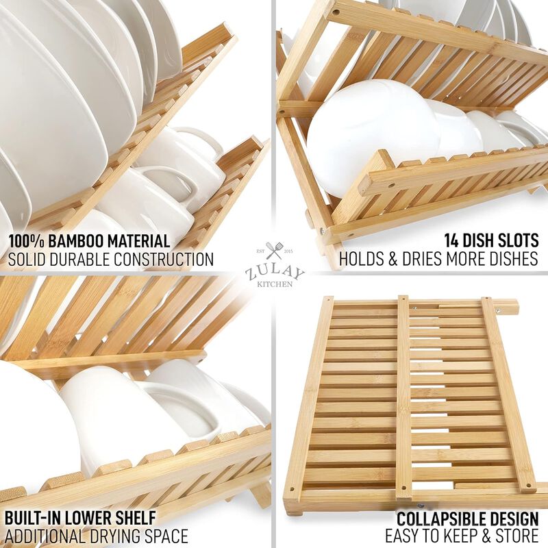 Foldable Bamboo Dish Drying Rack Organizer For Countertop