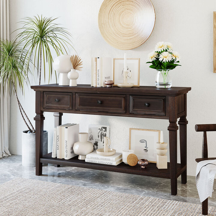 Merax American Retro Symmetrical Console Table with 3 Drawers & Open Bottom Storage Shelf