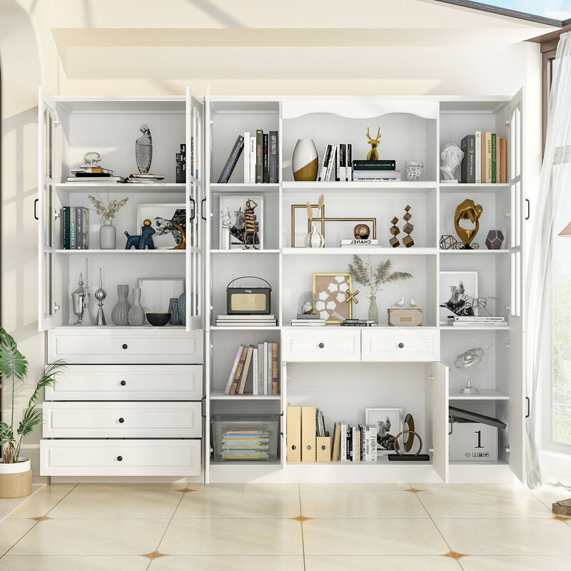 FUFU&GAGA Elegant Bookcase Cabinet with Glass Doors and 6 Drawers – Adjustable Shelves, P2 MDF, Modern Storage Solution for Living Room, Study, or Dining Area , (94.5”W x 78.7”H x 15.7”D),White