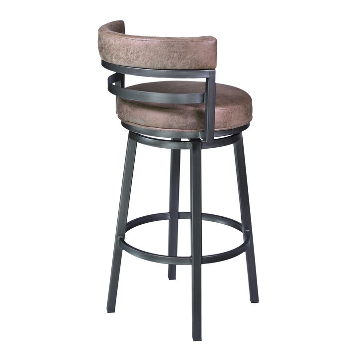 Eva 26 Inch Swivel Counter Stool, Vegan Leather, Curved Back, Washed Brown - Benzara