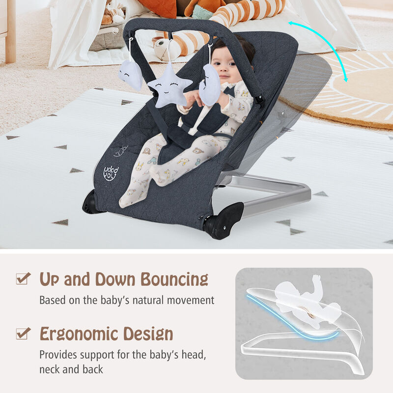 Foldable Baby Bouncer with Removable Fabric Cover and Toy Bar for Comfort and Entertainment