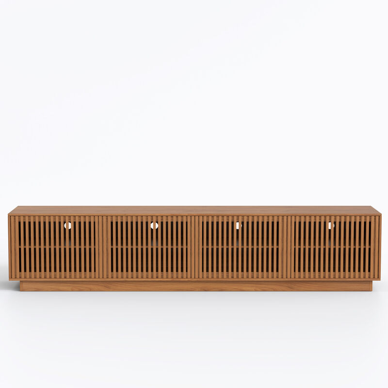 Wooden TV Stand with 4 Slatted Doors for Living Room, Walnut image number 2