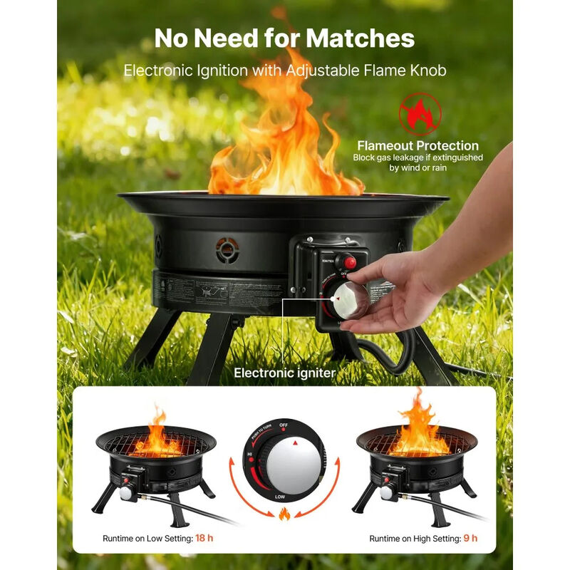 Portable Gas Fire Pit 53000 BTU with Folding Legs Grill Grate for Patio Camping Deck-Black image number 6