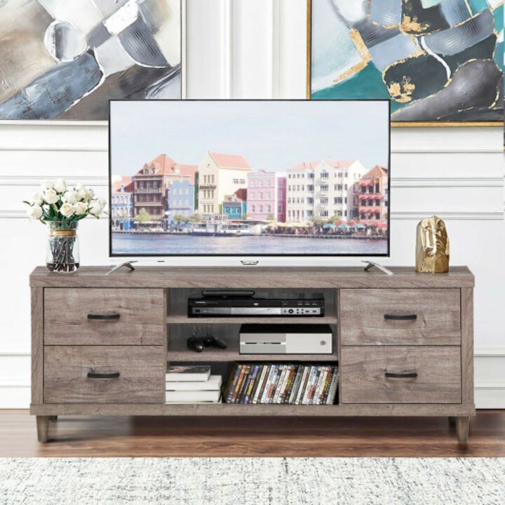 Wooden TV Stand with 3 Open Shelves and 4 Drawers