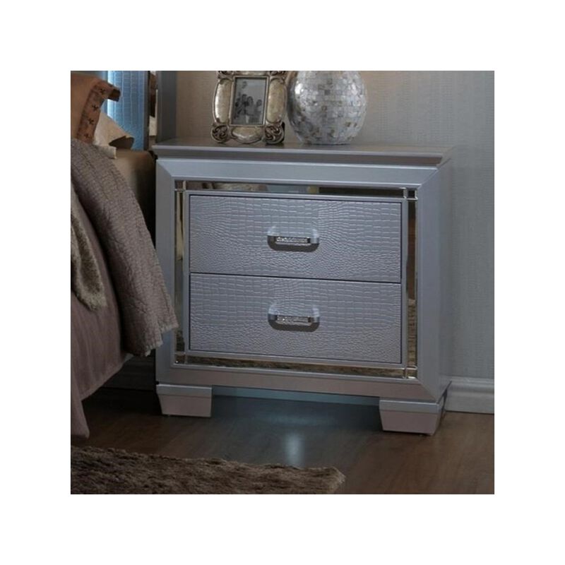 1pc Modern Glam Style Two Drawers Nightstand Solid Wood Builtin Night Light Silver Crocodile Finish
