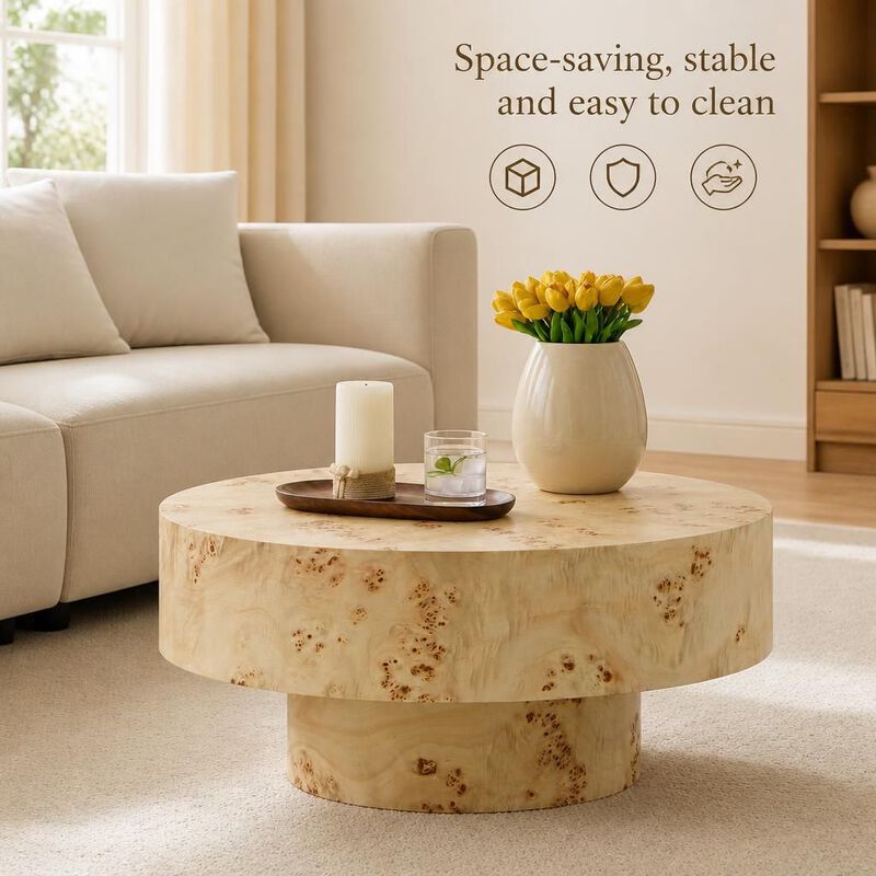 GOODSILO Round Mid-Century Modern Coffee Table with Burl Wood Veneer and Sturdy Pedestal for Small Living Spaces, Apartments and Home Offices image number 4
