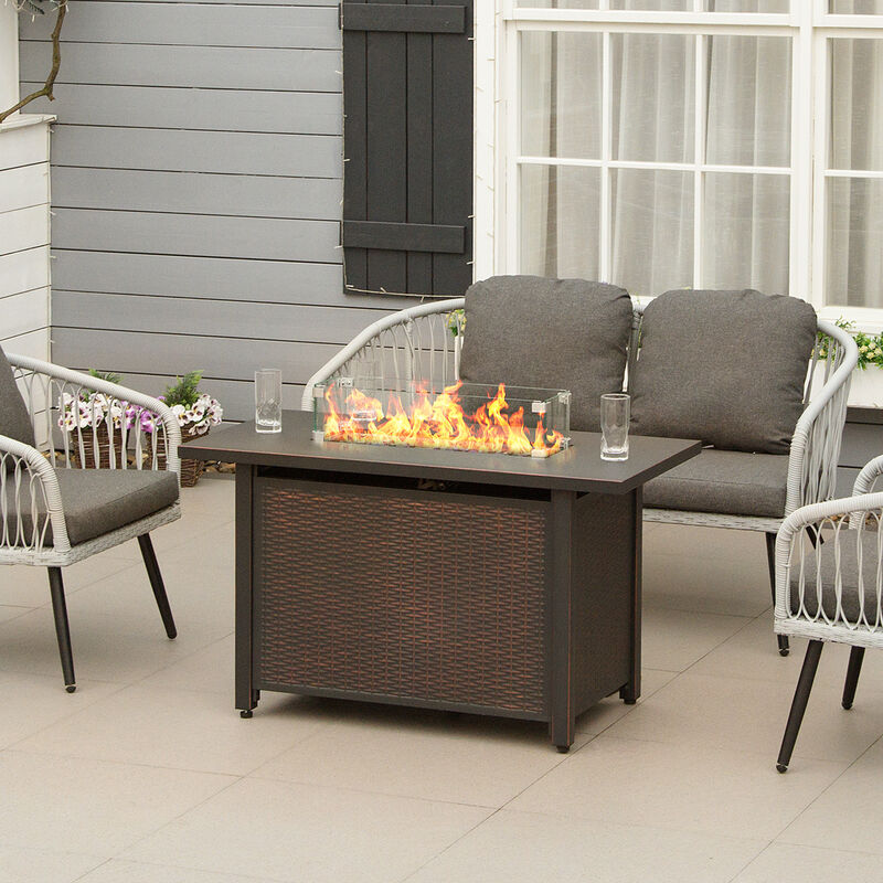 Outsunny 43 Inch Outdoor Propane Gas Fire Pit Table, 50,000 BTU Auto-Ignition Rectangular Wicker-effect Gas Firepit with Glass Wind Guard, Lid, Glass Beads, Steel Base, CSA Certification, Bronze