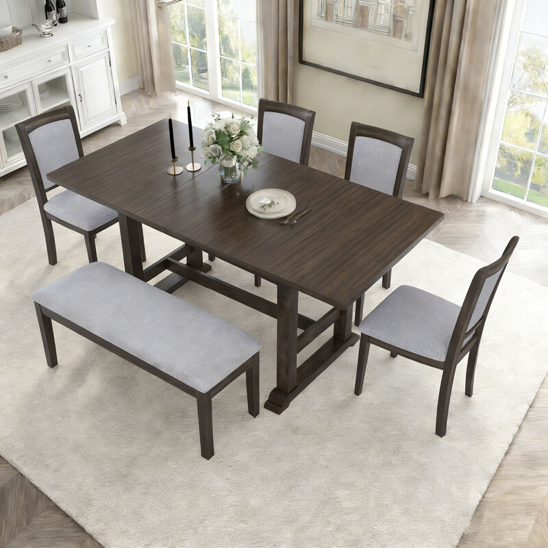 Merax 6-Piece Updated 76.9inch Extendable Trestle Dining Table Set with Removable Leaf Dining Sets image number 1