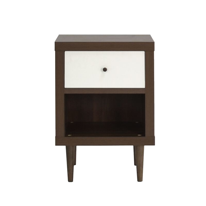 Minie Nightstand with 1 Drawer, Shelf, Modern White and Walnut Brown - Benzara