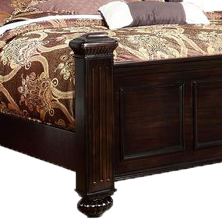 Transitional Style California King Wooden Bed with Bun Feet, Brown - Benzara