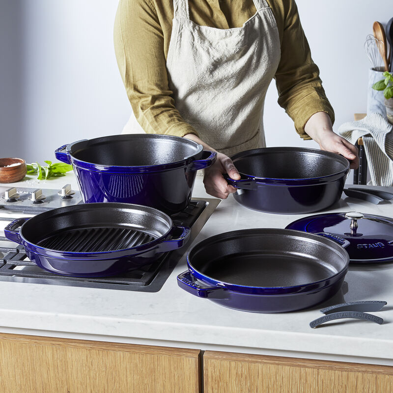 STAUB Cast Iron Set 4-pc, Stackable Space-Saving Cookware Set, Dutch Oven with Universal Lid, Made in France, Dark Blue