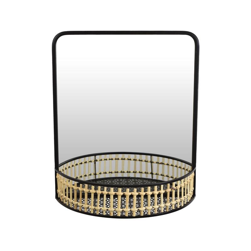 Elpis Wall Mirror Decor with Woven Shelf, 20 Inch Tall Black Metal - Benzara