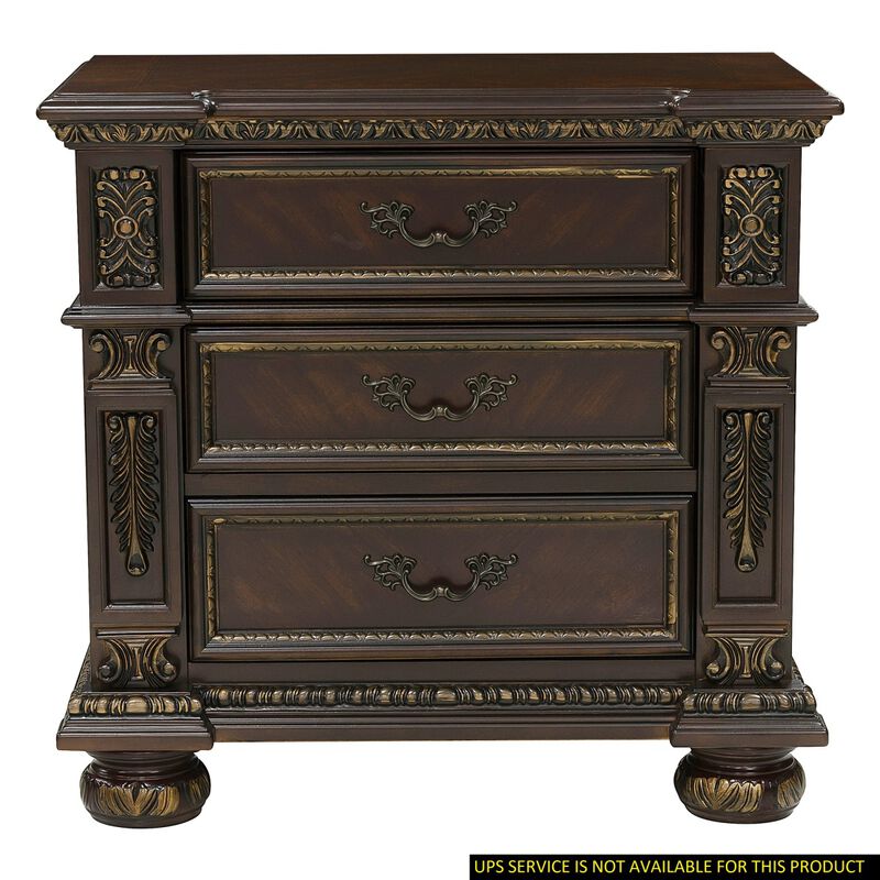 Traditional Design Dark Cherry Finish with Gold Tipping 1pc Nightstand of 3x Drawers Formal Style Bedroom Furniture