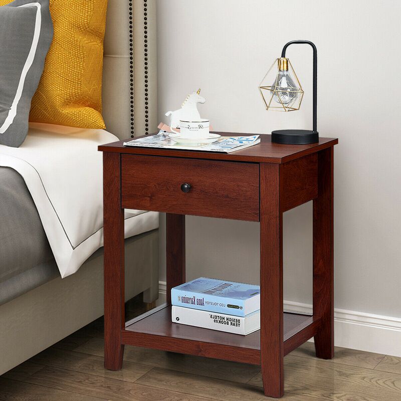 Set of 2 Nightstand with Storage Shelf and Pull Handle