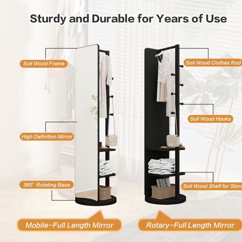 ELEMENT ACE 360&deg; Rotating Multifunctional Full Length Mirror with Hook Storage Rack Coat Rack Solid Wood Floor Mirror for Bedroom Living Room Cloakroom Space Saving image number 3