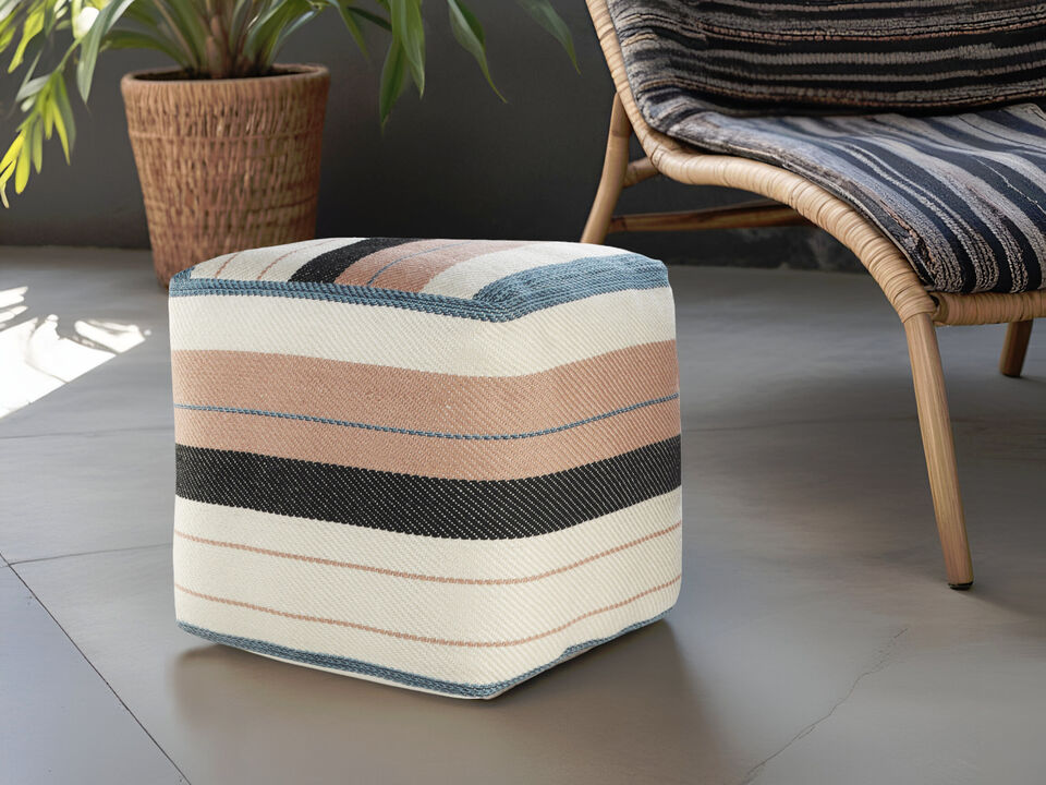 Indoor Outdoor Polyester Striped Pouf Ottoman for Seating and Home Decor