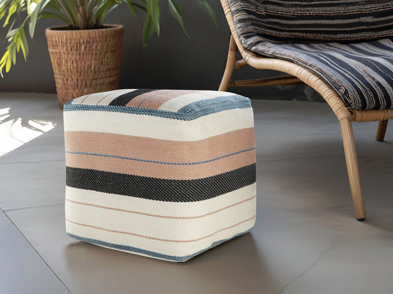 Indoor Outdoor Polyester Striped Pouf Ottoman for Seating and Home Decor