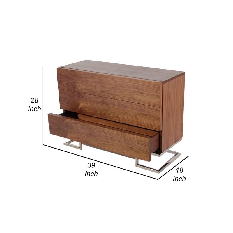 Sam 39 Inch Dresser, 3 Drawers, Sleek Chrome Steel Legs, Walnut Brown Wood